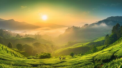 Wall Mural - Sunrise Over Lush Tea Plantation