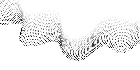 Futuristic wave of black smoothly moving dots on a white background. Flowing dot particles wave pattern halftone black gradient smooth curve shape isolated on transparent background. Vector in concept