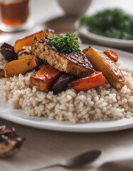 Wall Mural - A serving of baked tempeh with roasted vegetables and a side of brown rice on a white background.
