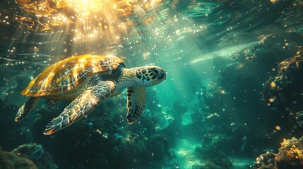 Sticker - Golden light bathes turtle in underwater coral habitat.