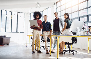 Aufkleber - teamwork, portrait and laptop in office for research, planning and development for start up. happy, 