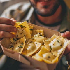 Poster - Person enjoying delicious ravioli in a cardboard box. Casual food setting captured with warm tones. Perfect for culinary blogs, food photography, and recipe websites. AI