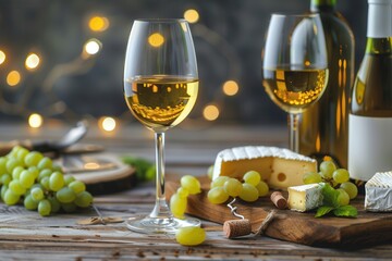 Aufkleber - Two glasses of white wine, a bottle of wine, and a cheese platter with grapes on a wooden table, illuminated by string lights. Generative AI