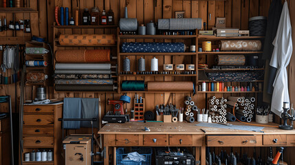 Fototapete - Sewing room with aligned fabric rolls and sorted tools