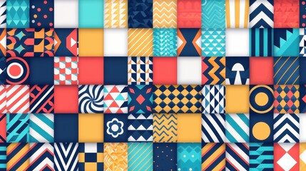 Aufkleber - A colorful collage of geometric patterns featuring various shapes and colors, creating a vibrant and dynamic visual effect.