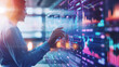 © Катерина Євтехова - a professional interacting with a holographic financial technology interface, showcasing complex data visualizations, market trends, and predictive analytics. The background featur