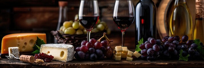 Aufkleber - Two glasses of red wine, a bottle of red wine, and various cheeses are arranged on a wooden table, accompanied by bunches of grapes and other rustic decor. Generative AI