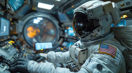 An astronaut is wearing a virtual reality headset and haptic feedback gloves while piloting a simulated spacewalk.