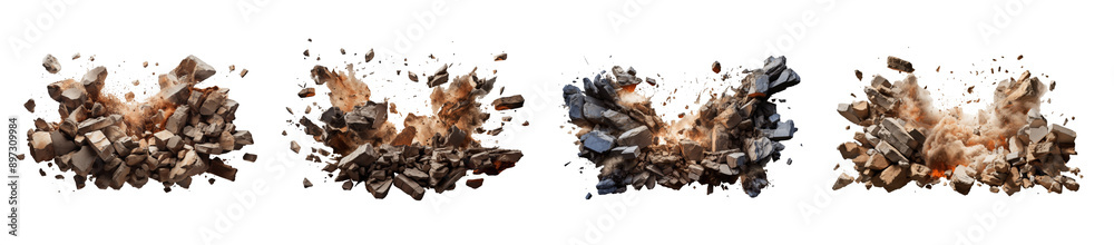 Seperate Broken Rocks Four separate bursts of broken rock and dust, captured in mid-air ...