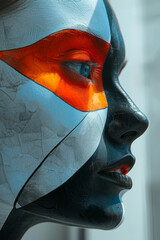 Poster - An abstract image of a face divided into segments, with one segment highlighted in a different color, against a light gray backdrop,