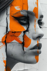 Poster - An abstract image of a face divided into segments, with one segment highlighted in a different color, against a light gray backdrop,