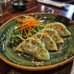 Sticker - Close-up of delicious Japanese dumplings served on a rustic ceramic plate. The vibrant colors and textures make it perfect for food blogs. This image highlights the exquisite details and authenticity 