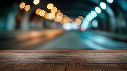 close up of empty wooden table with blurred underground tunnel road highway background