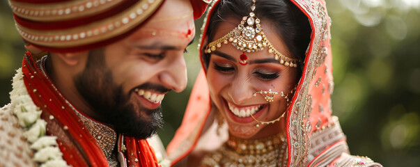 Wall Mural - Indian bride and groom wearing traditional clothing smiling during wedding ceremony