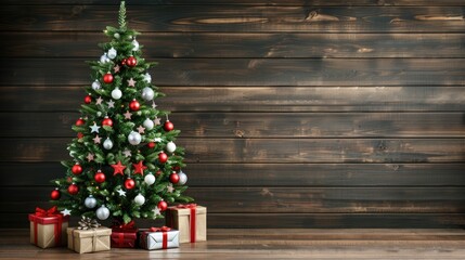 A decorated Christmas tree stands in front of a wood plank wall, with several wrapped gifts at its base