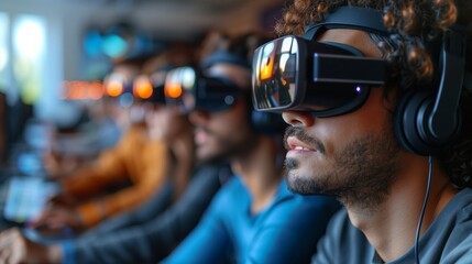 Poster - A group of individuals wear virtual reality headsets while attending a meeting, suggesting a new way to collaborate remotely.