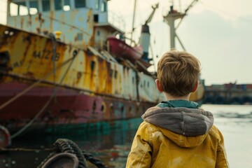 Young child wearing a yellow jacket looking at old ship in the distance