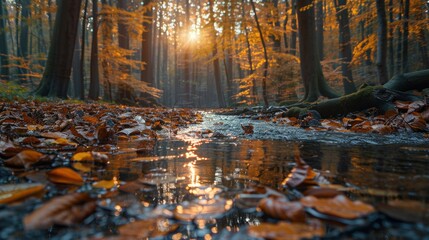 Poster - Enchanting Autumn Forest Stream Reflecting Golden Foliage