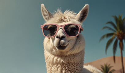 Wall Mural - Creative animal concept. Llama in sunglass shade glasses isolated on solid pastel background, commercial, editorial advertisement, surreal surrealism