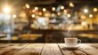 © Lull - Steaming cup of coffee in cozy cafe. Aromatic beverage on rustic wooden table in a warm, inviting cafe setting. Perfect for restaurant, coffee shop, or beverage industry visuals.