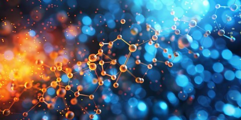 Poster - A creative illustration depicting a molecular structure set against a backdrop of blue and orange bokeh lights
