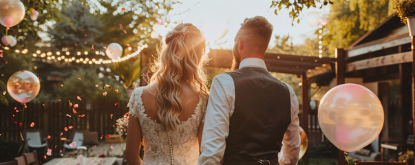 Wall Mural - Newlywed couple strolling at their outdoor wedding reception during golden hour