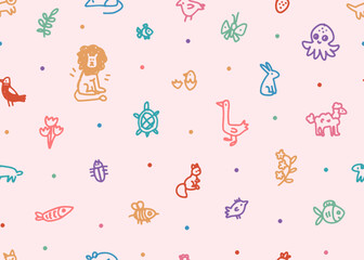 Wall Mural - Seamless pattern of naive childish doodle illustration on pink background. Children colorful scribble. Cartoon cute drawing vector animals, fish and flowers. Wallpaper, textile, wrap design template