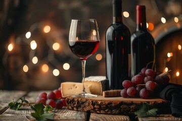 Aufkleber - A glass of red wine, two bottles of wine, and a cheese board with grapes are arranged on a wooden table, lit by warm string lights. Generative AI