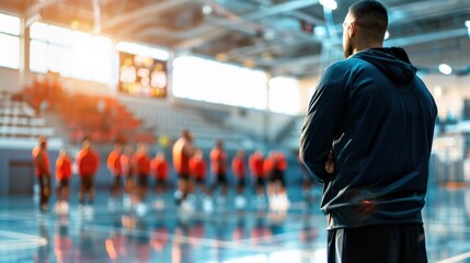 A sports coach in action, passionately motivating a team of athletes during a practice session on an indoor court, with players engaged and focused on the coach's guidance, emphasizing teamwork and