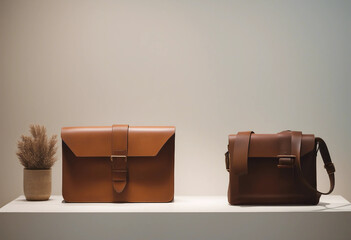 Brown leather bag on a minimalist shelf in an art gallery, soft natural light
