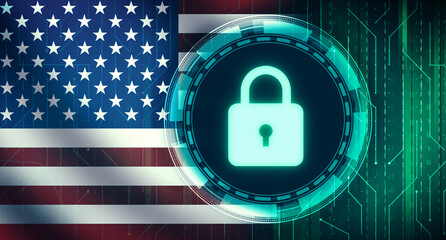 Poster - United States Cybersecurity concept background with waving flag and futuristic tech. Glowing lock security concept backdrop