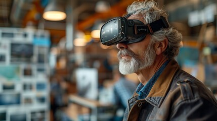 Poster - A senior man wearing a VR headset participates in a virtual reality client meeting.