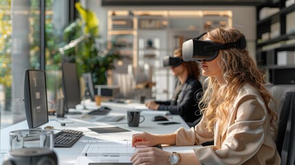 Poster - Two women wearing virtual reality headsets participate in a client meeting while sitting at desks in a modern office.