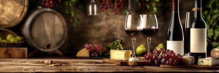 Aufkleber - Two glasses of red wine and a plate of cheese sit on a rustic wooden table in front of a barrel and vines, creating a cozy and inviting setting. Generative AI