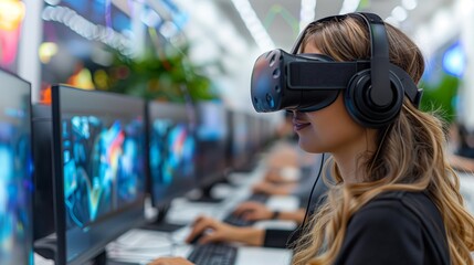 Poster - A young woman wears a virtual reality headset while sitting at a desk in a modern office setting. She appears to be engaged in an immersive experience.