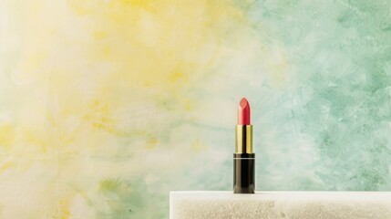 Wall Mural - green and yellow pastel background, lipstick on a white marble showcase platform, professional photo, flat lighting 