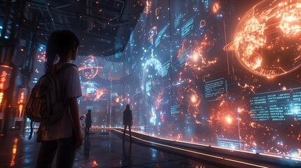 Wall Mural - People explore a virtual reality social space, a futuristic city with glowing screens displaying planets and other digital information.