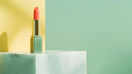 Wall Mural - green and yellow pastel background, lipstick on a white marble showcase platform, professional photo, flat lighting