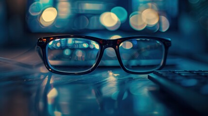 Aufkleber - Black eyeglasses rest on a desk in front of a computer screen, illuminated by the soft glow of the screen's light, reflecting off the desk's surface. Generative AI