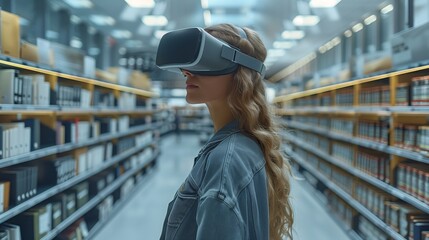 Poster - A woman, wearing a virtual reality headset, looks forward while standing in a modern office space.