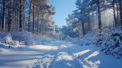 Poster - Serene Snowy Forest with Frozen Lake Landscape