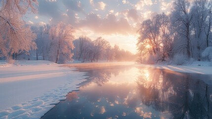 Poster - Serene Winter Landscape with Frozen Lake and Sunset Reflection