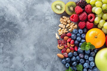 A vibrant assortment of fresh fruits and nuts arranged artfully on a gray background, perfect for healthy lifestyle concepts.