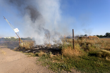 Wall Mural - Forest and steppe fires dry completely destroy the fields and steppes during a severe drought. Disaster brings regular damage to nature and economy of region. Lights field with the harvest of wheat