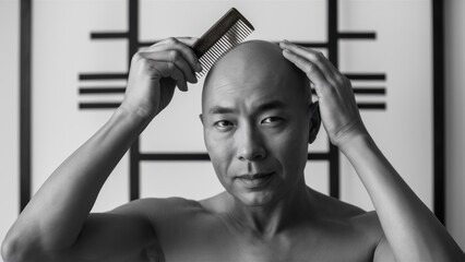 Poster - A man combing his hair with a brush in front of black and white photo, AI