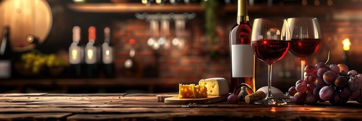 Aufkleber - Two glasses of red wine, a bottle of wine, cheese, and grapes are arranged on a wooden table in a bar setting. Generative AI