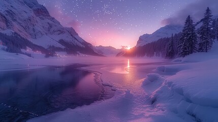 Sticker - Serene Winter Landscape with Frozen Lake, Mountains, and Sunset