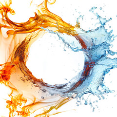 Wall Mural - An intense clash of fire and water, forming a powerful circular shape with vivid orange flames and cool blue waves.