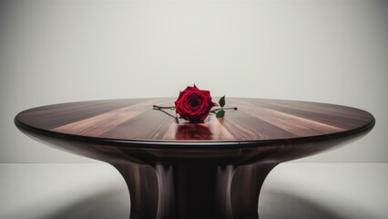 Canvas Print - A single red rose sits on top of a wooden table, AI