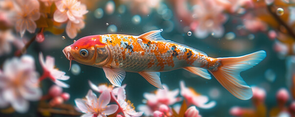 Wall Mural - Colorful koi fish swimming among blooming flowers underwater.